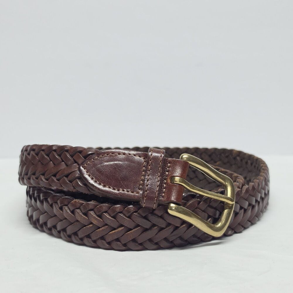 Vintage Genuine Leather Braided Womens Belt Brown Size 38 Brass Buckle Unisex
